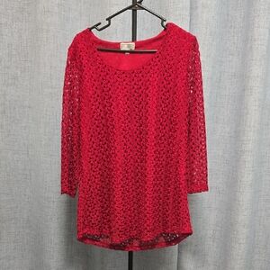 JM Collection  Red Lace Blouse, tunic.  Size XL